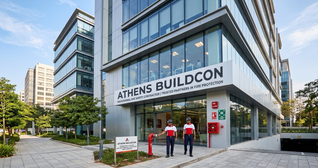 Athens Buildcon fire safety technicians at a commercial building with a fire hydrant